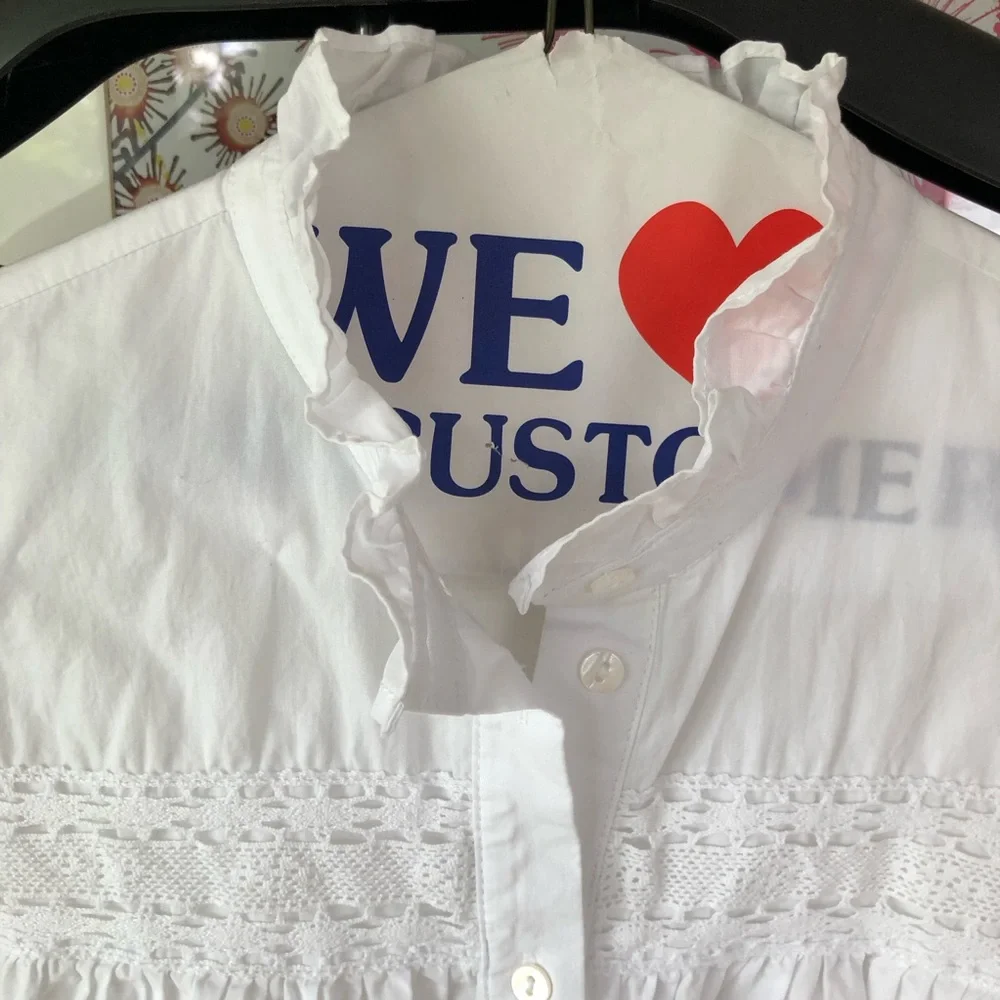 Zara Cotton Crop Puff Sleeve Blouse XS White Lace Button Front Romantic